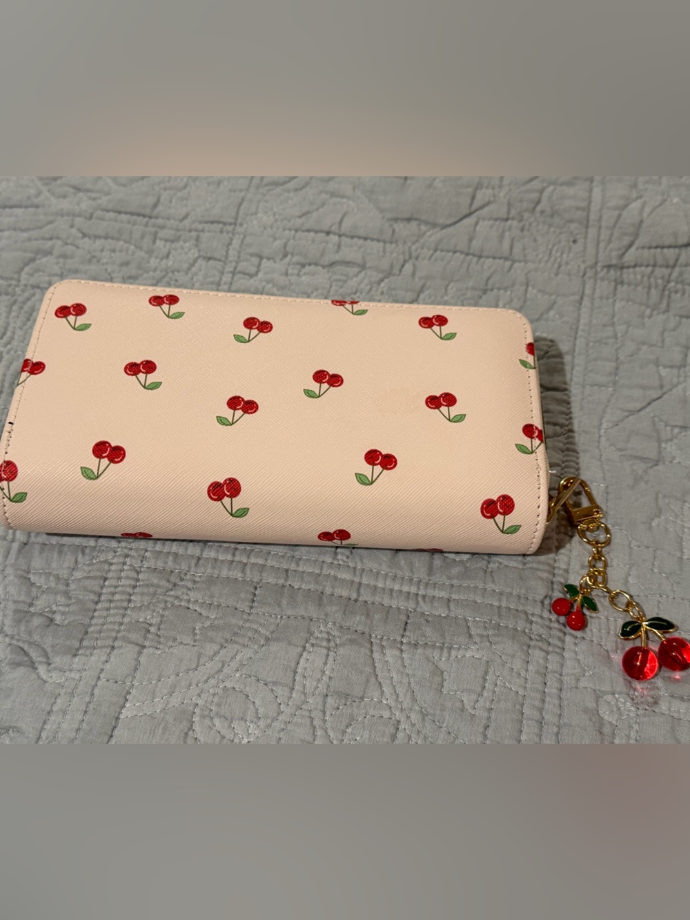 Cream Cherry Print Zip Wallet with Cherry Charm